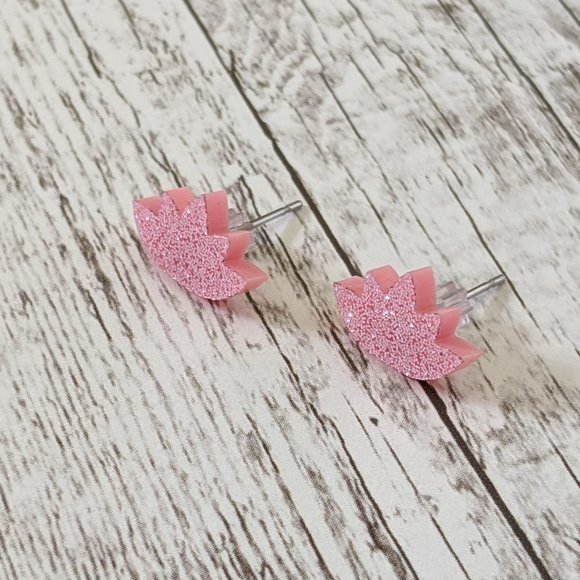 Sparkly Acrylic Light Pink Lotus with Light Pink Glitter Stud Earrings - Picture 8 of 10